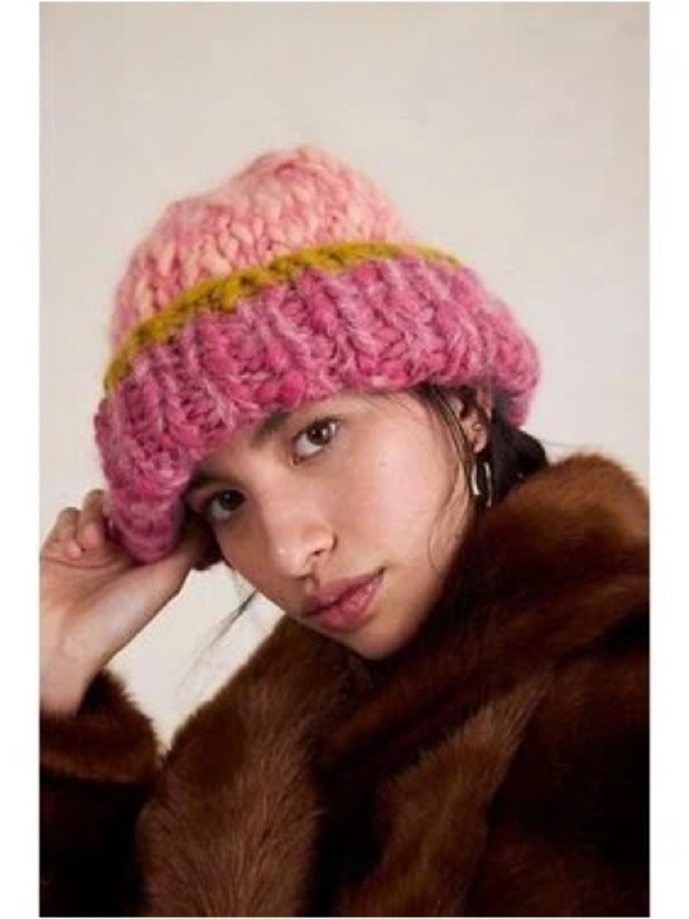 NWT new free people the French knot chunky knit wool hat pink peach gold